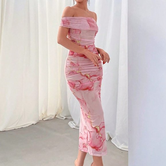 Pink Boho Women's Valentine's Day Floral Print Off-Shoulder Mesh Maxi Dress - Picture 2 of 5